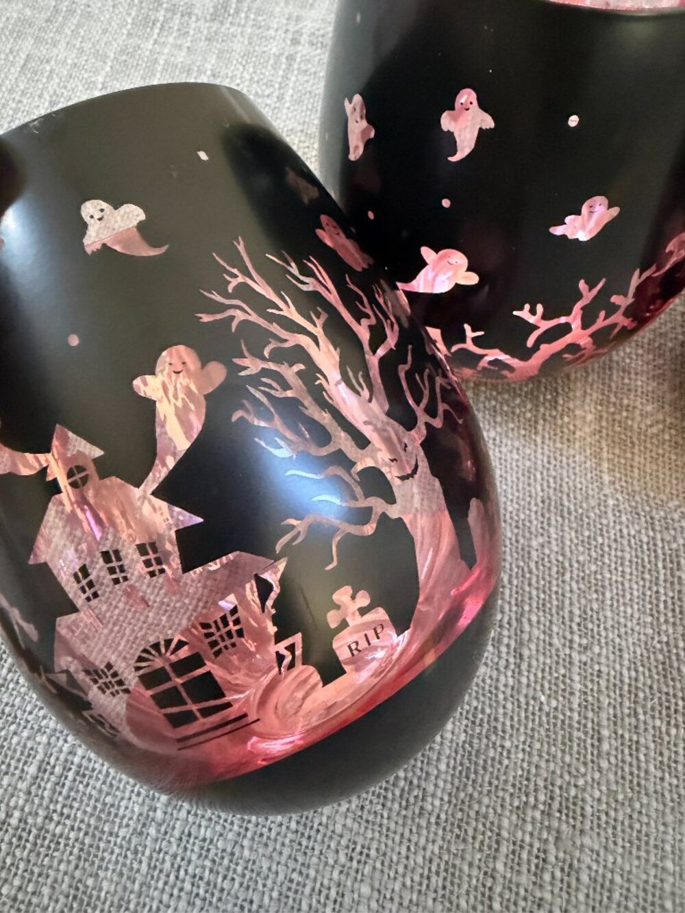 Set of 4 Halloween Haunted Graveyard Stemless Wine Glasses Black & Pink NWOT